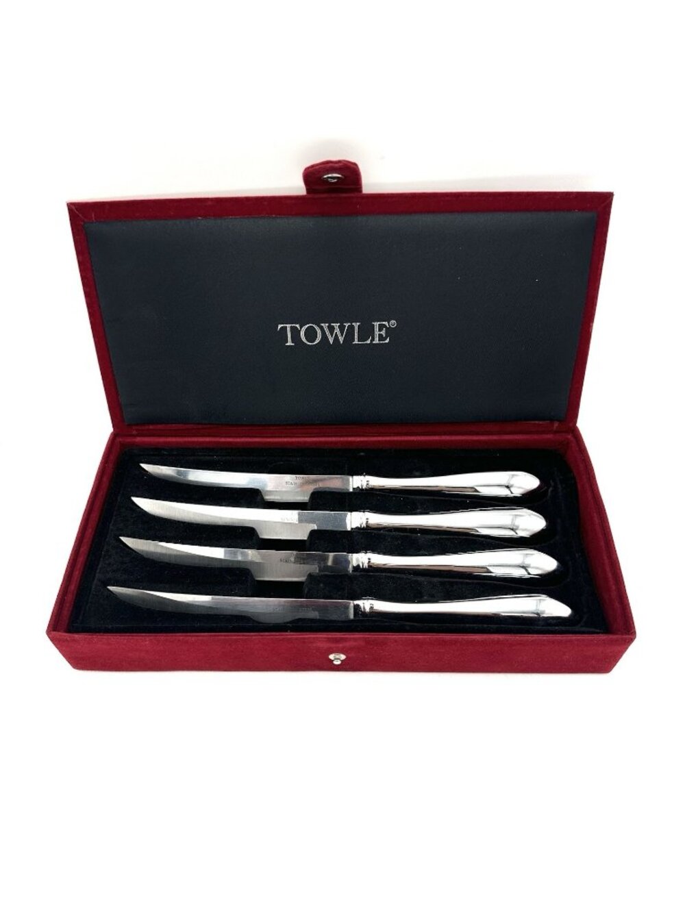 Towle Stainless Steel 9" Steak Knives With Burgundy Velvet Case
